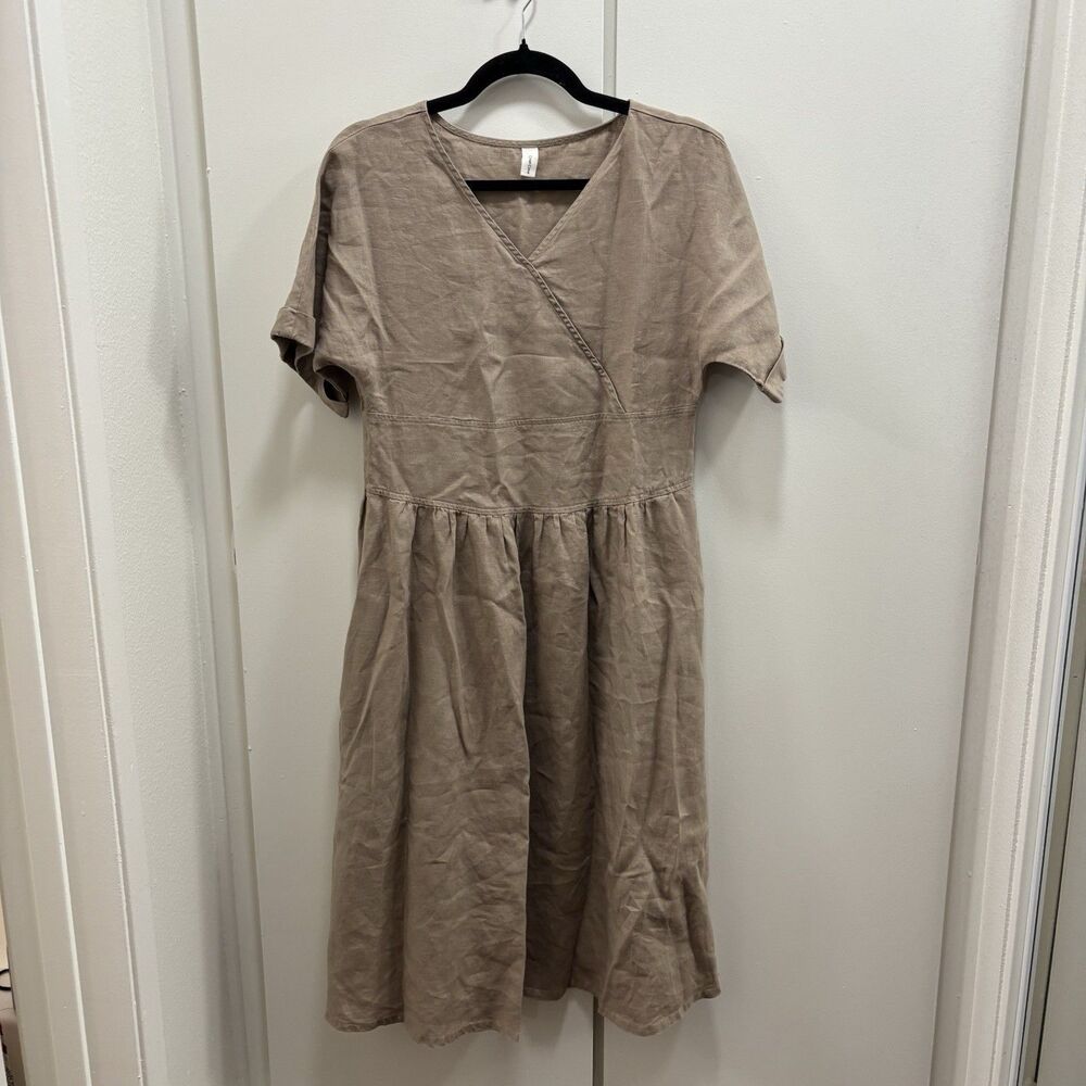 Grae Cove Sz Small Tan 100% Linen Dress Coastal Beach Boho Granola Lagenlook